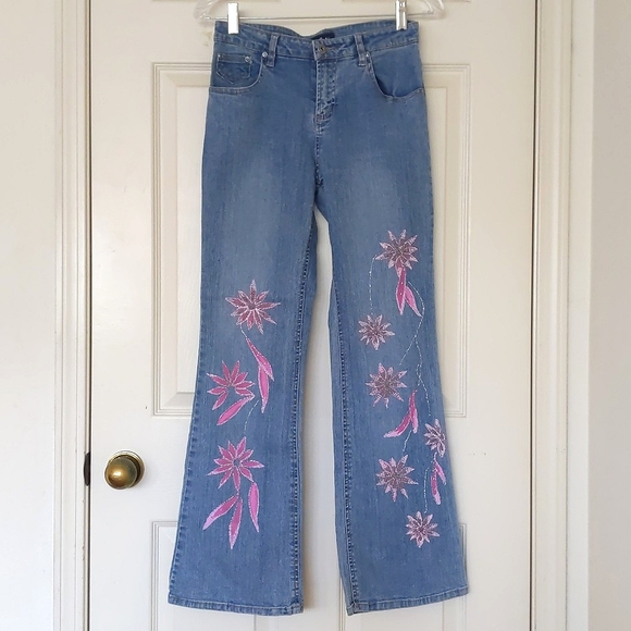 NWOT. Girl's jeans with crystal flowers decorations. - Picture 1 of 6